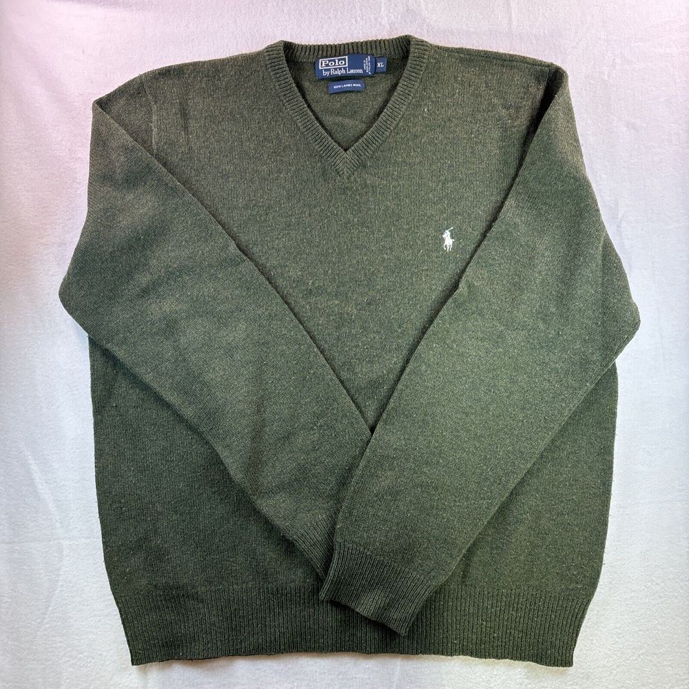 Ralph Lauren Polo Men's Sweater Size X-Large Pullover Lambs Wool V-Neck Green